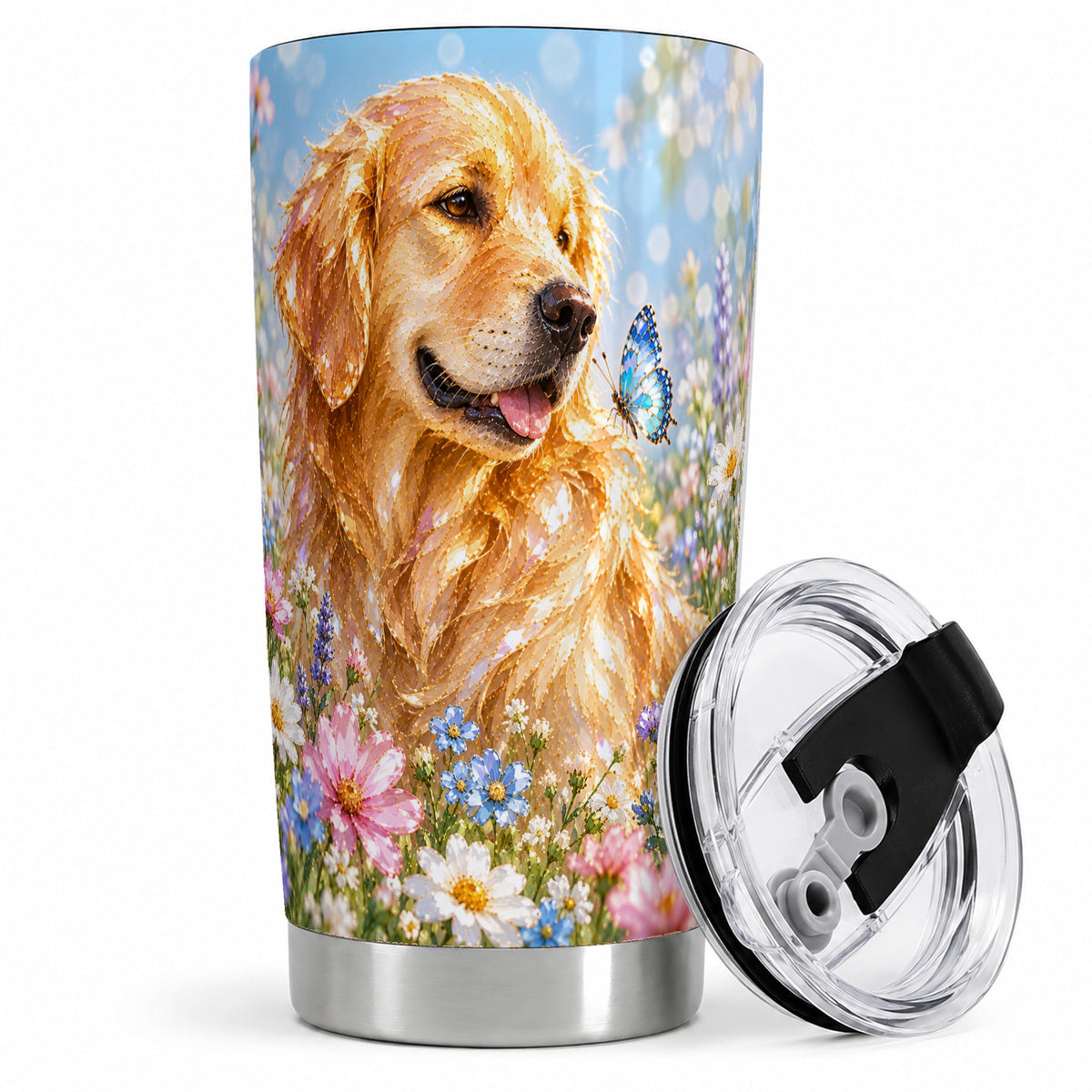 Golden Retriever Tumbler, 20oz Stainless Steel Drinkware with Floral Art