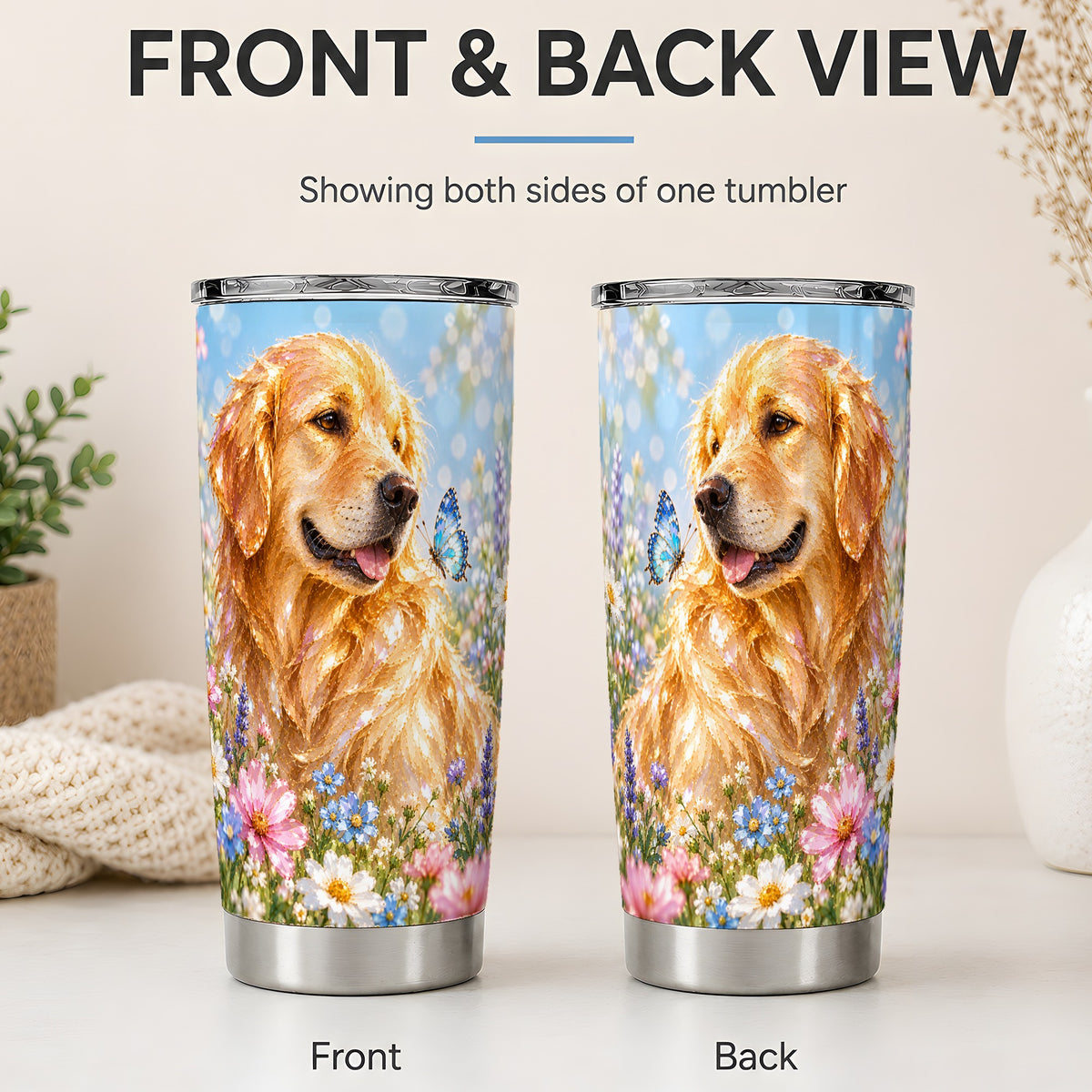 #pl[20oz|Steel] Golden Retriever Tumbler, 20oz Stainless Steel Drinkware with Floral Art