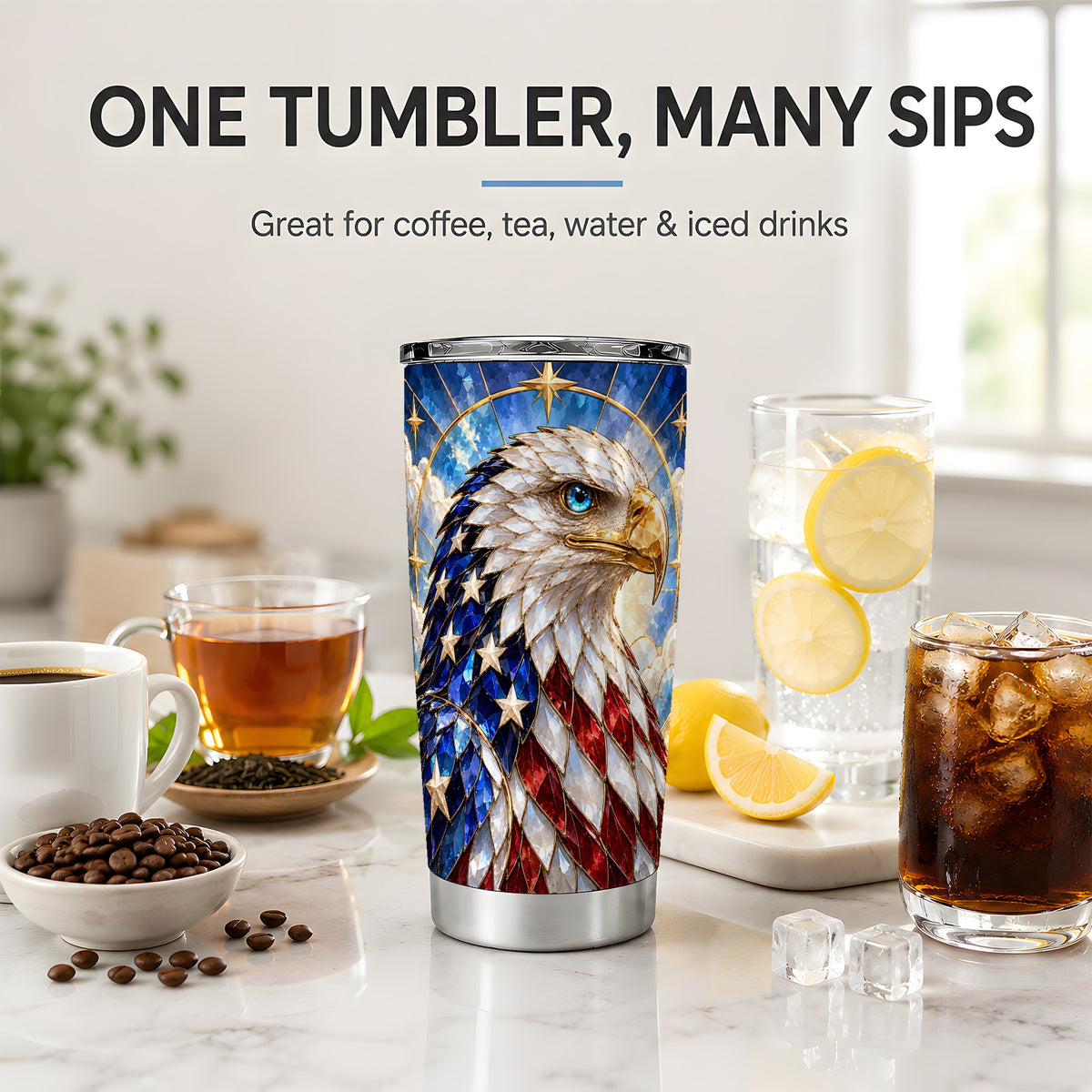 Patriotic Bald Eagle Tumbler, 20oz Stainless Steel Drinkware with Flag Art