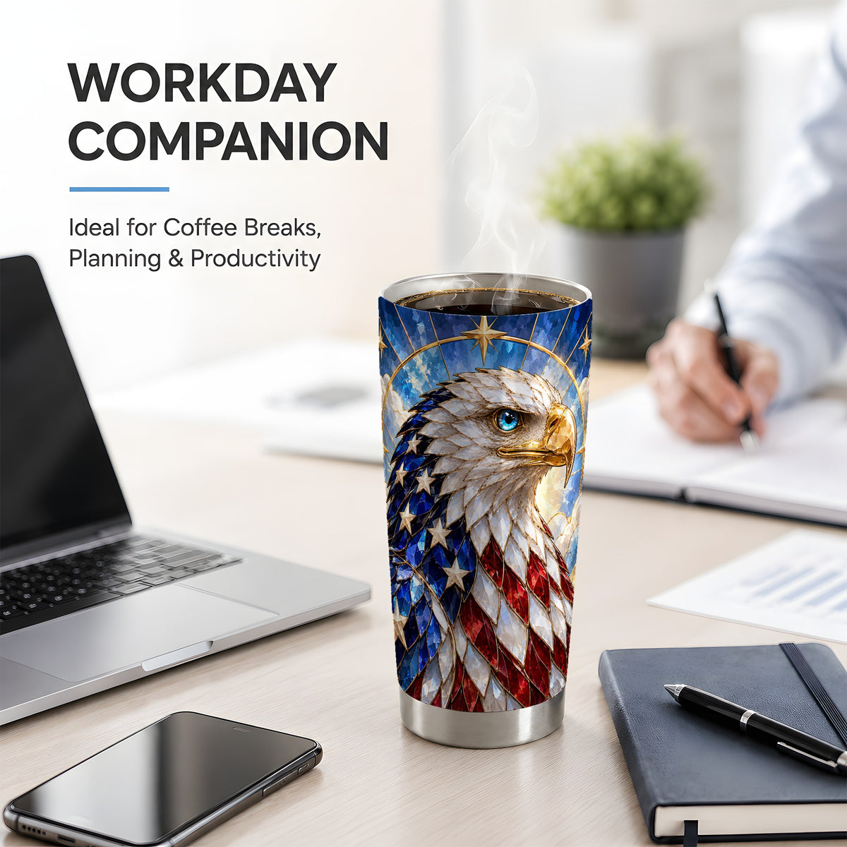 Patriotic Bald Eagle Tumbler, 20oz Stainless Steel Drinkware with Flag Art