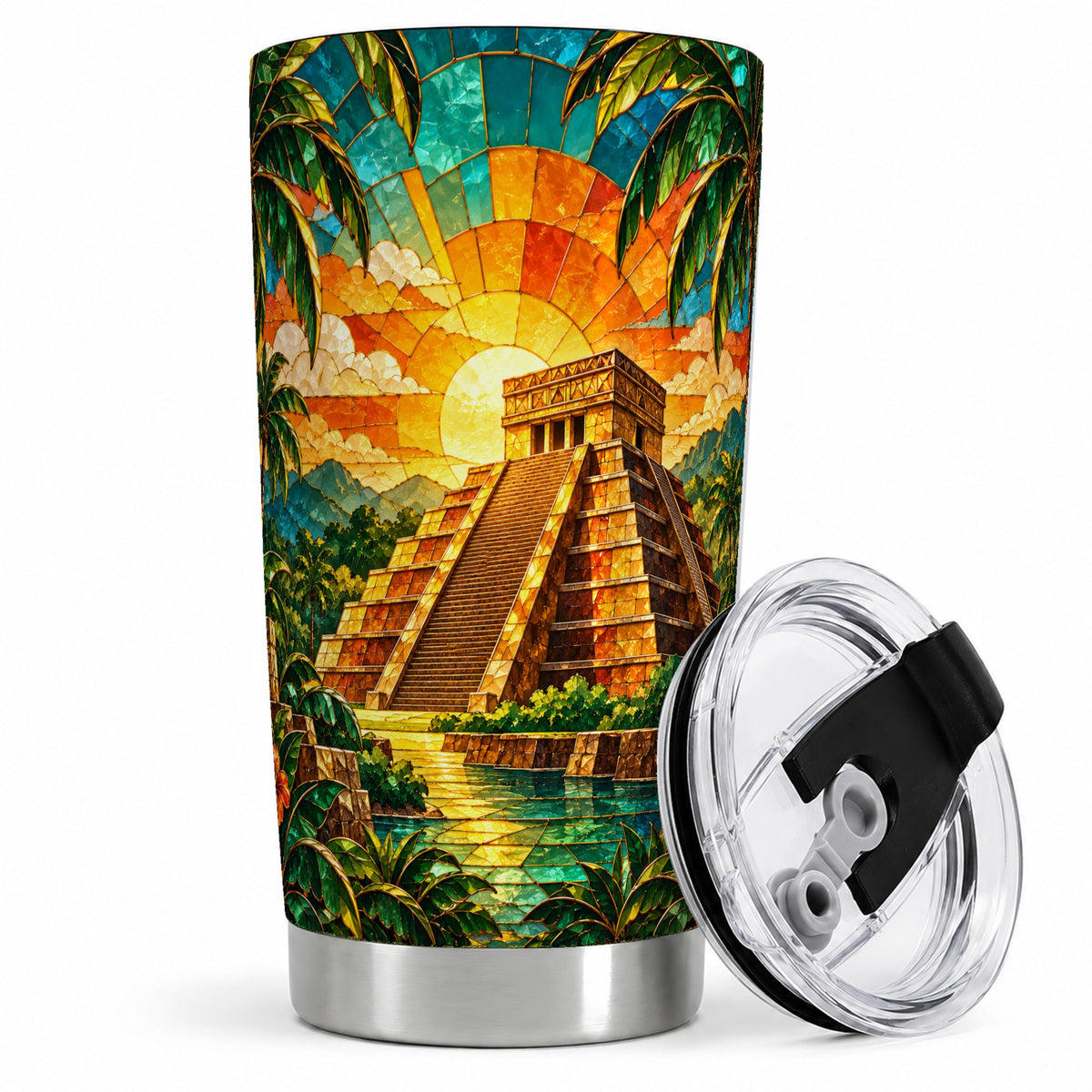 Tropical Pyramid Tumbler, 20oz Stainless Steel Drinkware with Sunset Art