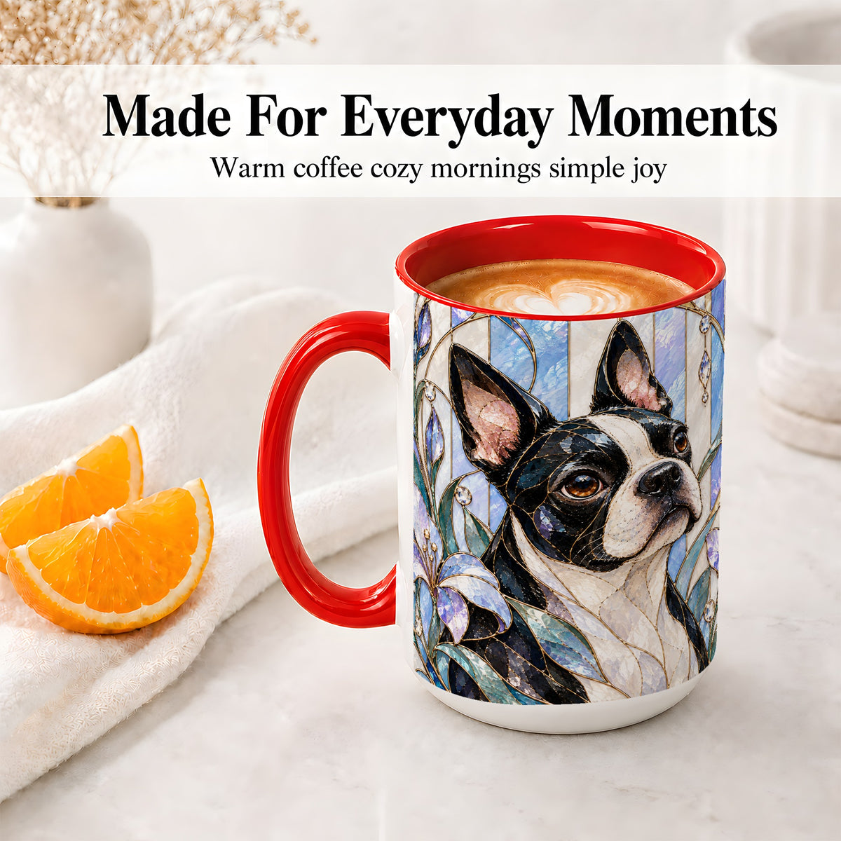 #pl[15oz|Red] Floral Boston Terrier Ceramic Mug, Stained Glass Style Dog Art