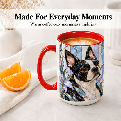 #pl[15oz|Red] Floral Boston Terrier Ceramic Mug, Stained Glass Style Dog Art