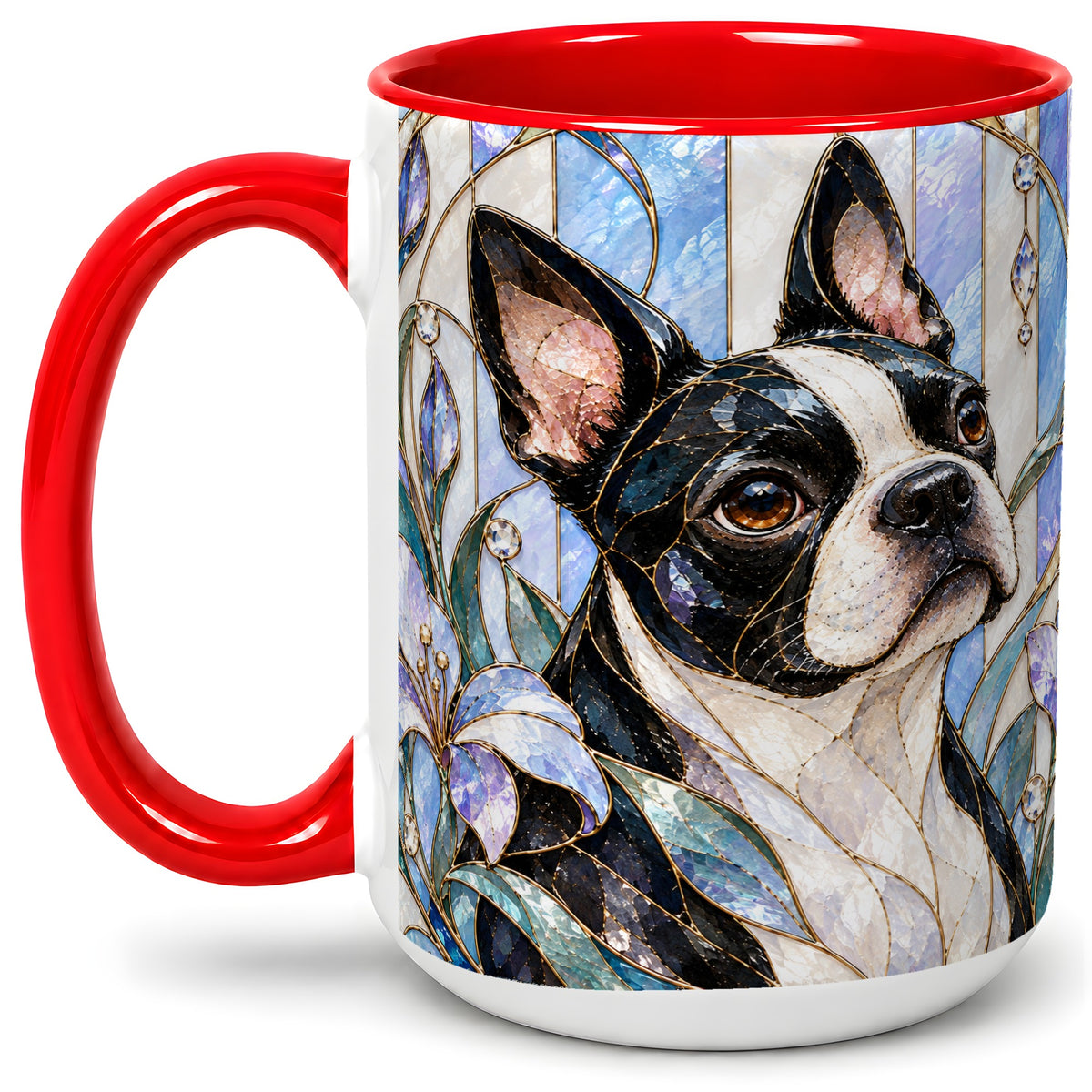 #pl[15oz|Red] Floral Boston Terrier Ceramic Mug, Stained Glass Style Dog Art
