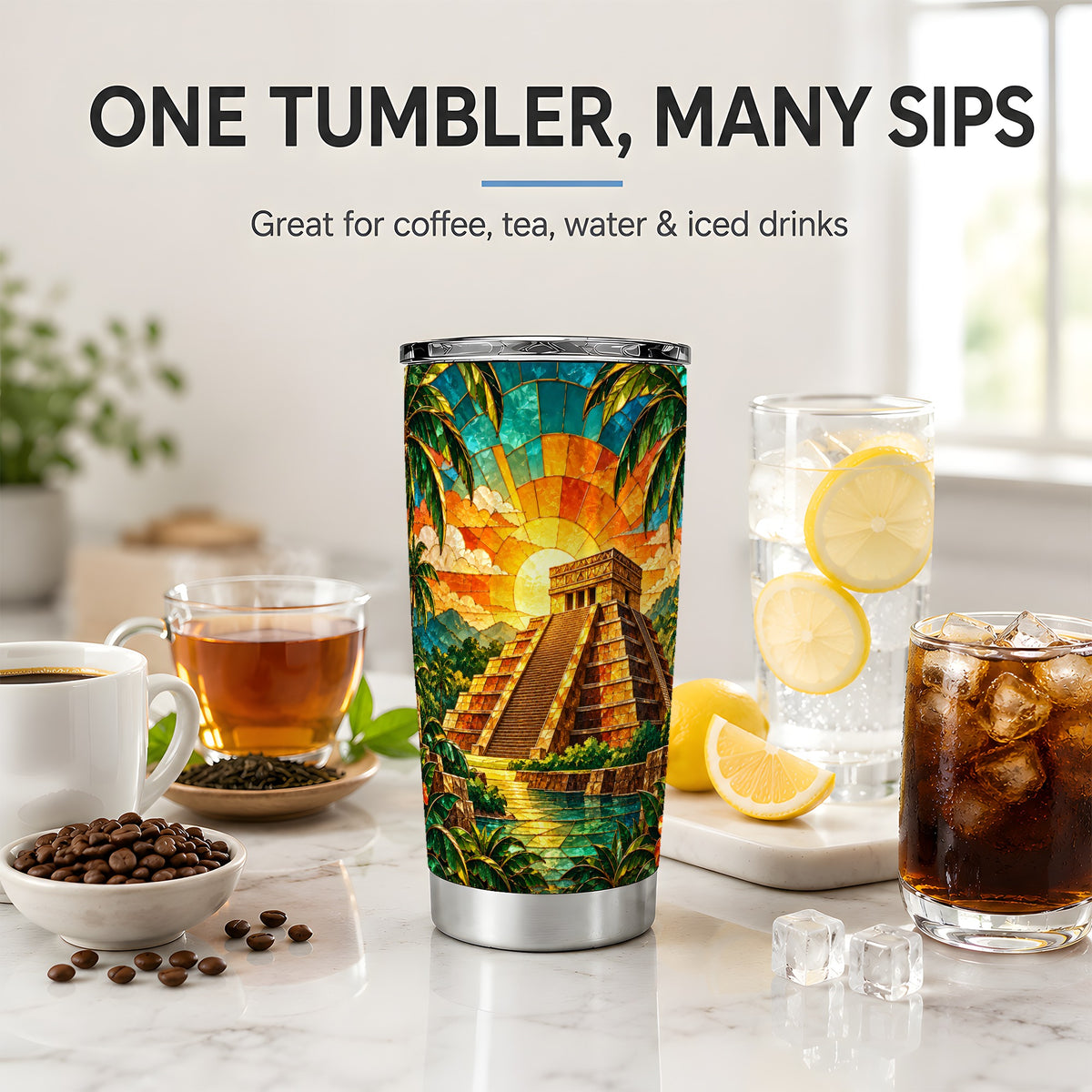 Tropical Pyramid Tumbler, 20oz Stainless Steel Drinkware with Sunset Art
