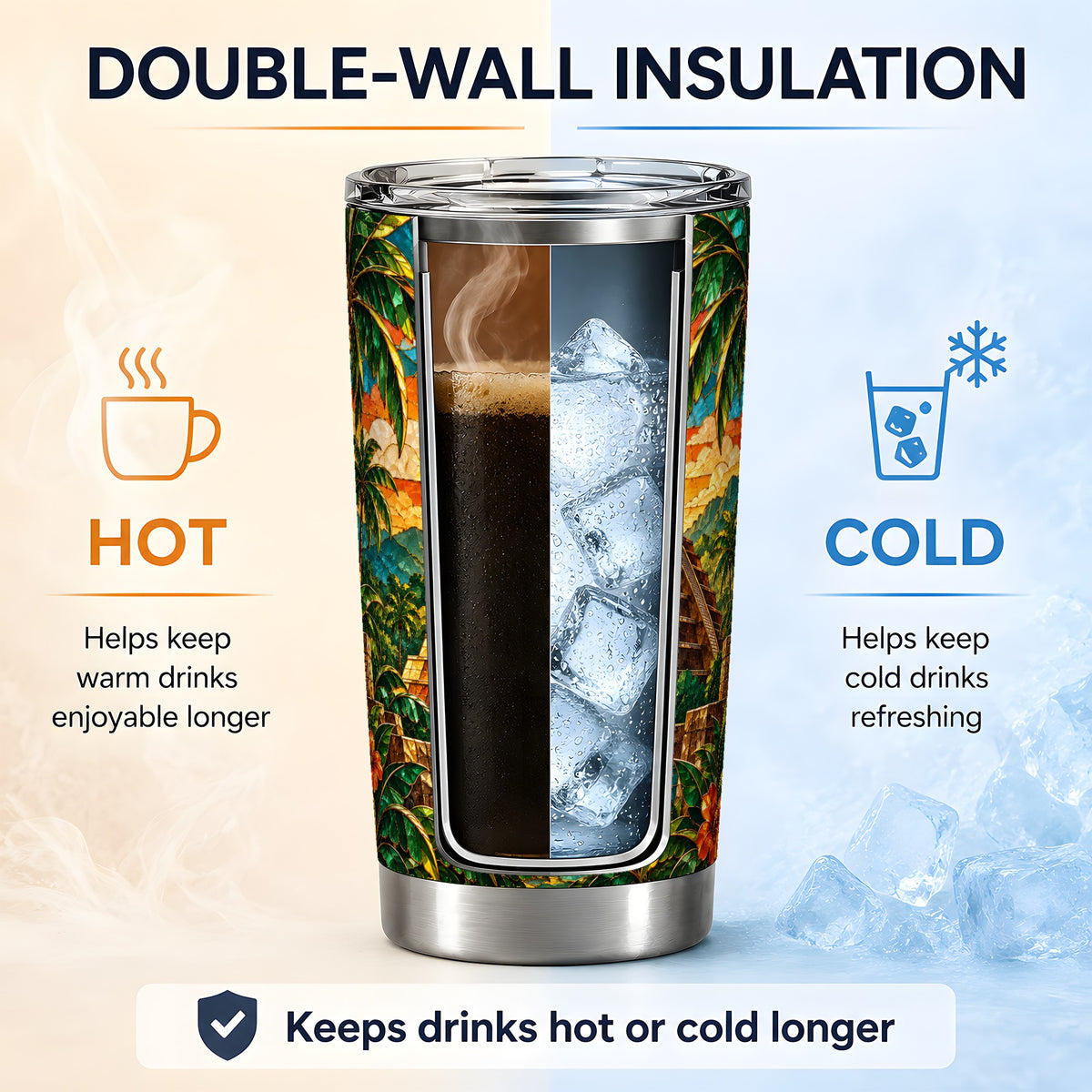 Tropical Pyramid Tumbler, 20oz Stainless Steel Drinkware with Sunset Art