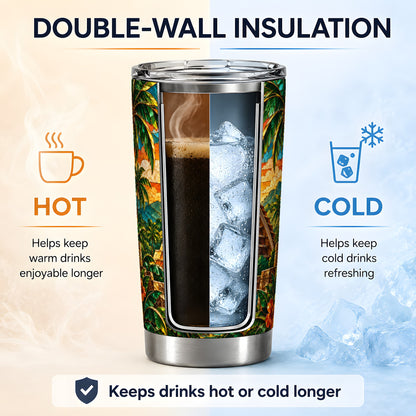 Tropical Pyramid Tumbler, 20oz Stainless Steel Drinkware with Sunset Art