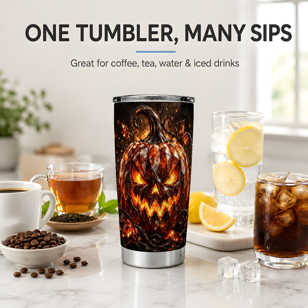 Halloween Jack O Lantern Tumbler, 20oz Stainless Steel with Pumpkin Art
