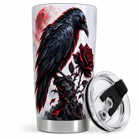 Gothic Raven Rose Tumbler, 20oz Stainless Steel Drinkware with Moon Art