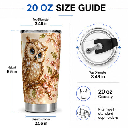 #pl[20oz|Steel] Crystal Owl Tumbler, 20oz Tumbler with Pink Floral Artwork for Owl Lovers
