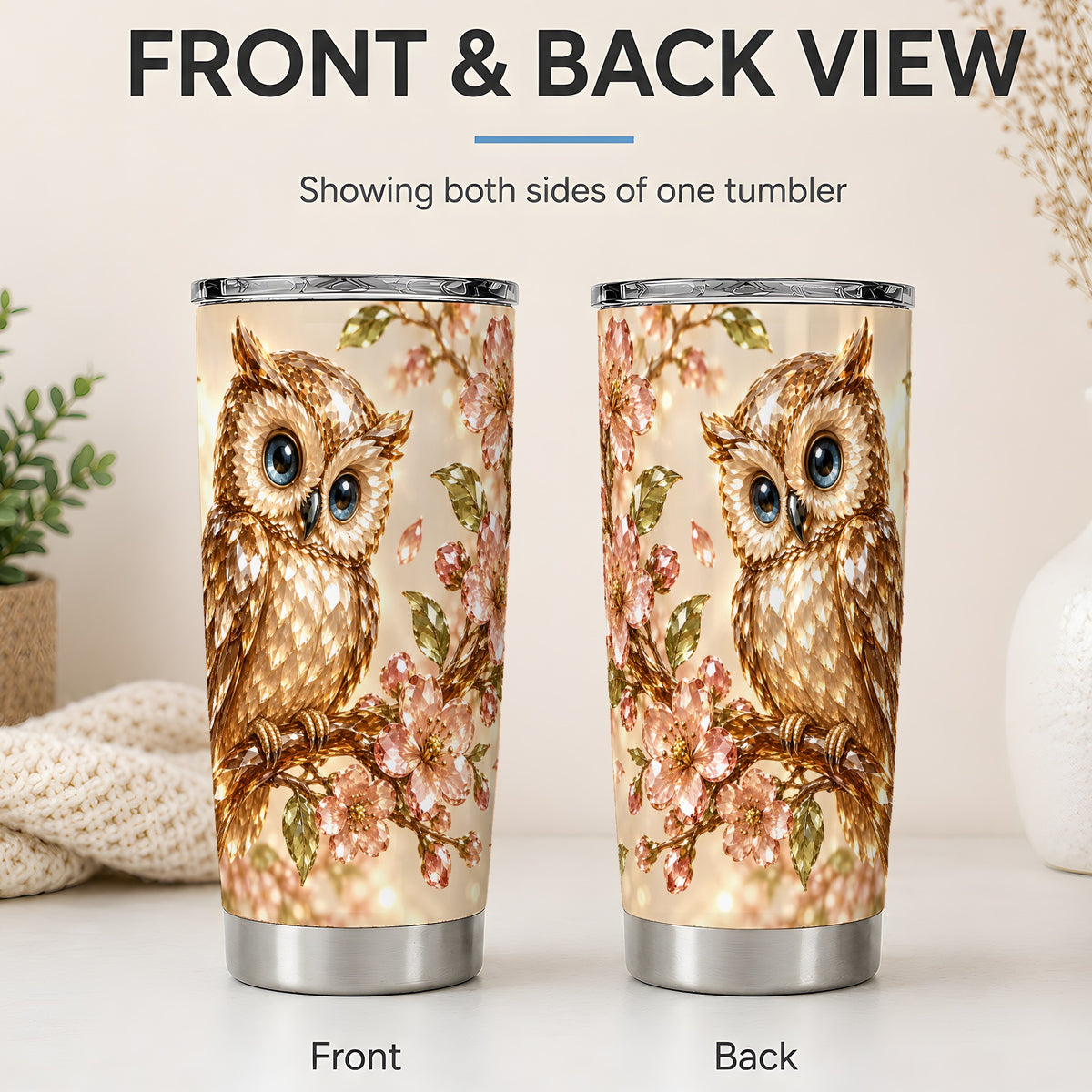 #pl[20oz|Steel] Crystal Owl Tumbler, 20oz Tumbler with Pink Floral Artwork for Owl Lovers