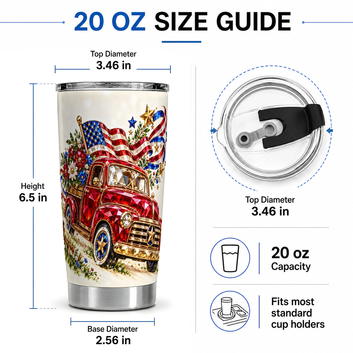 #pl[20oz|Steel] Patriotic Pickup Tumbler, 20oz Tumbler with Flag and Floral Artwork