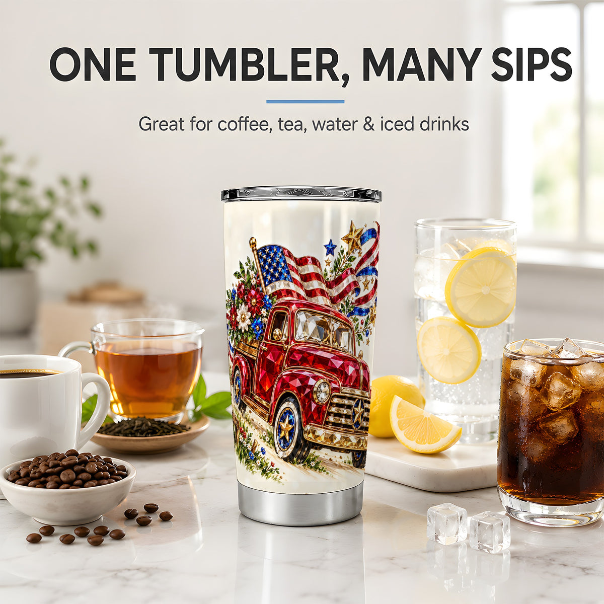 Patriotic Pickup Tumbler, 20oz Tumbler with Flag and Floral Artwork