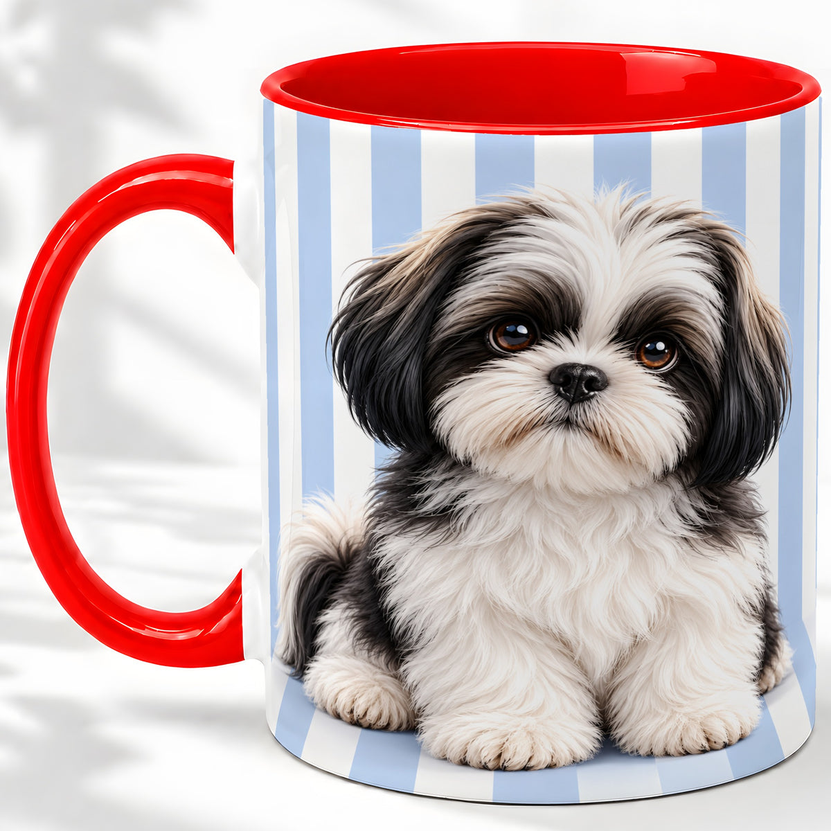 Black White Shih Tzu Ceramic Mug, Blue Stripe Dog Portrait Art