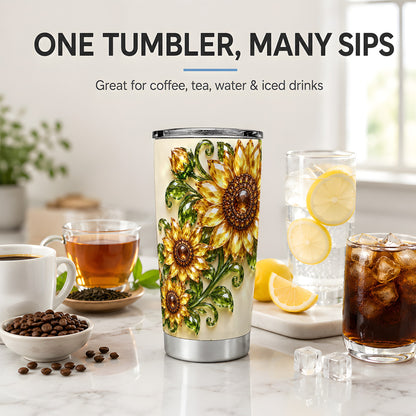 Crystal Sunflower Tumbler, 20oz Tumbler with Golden Floral Artwork