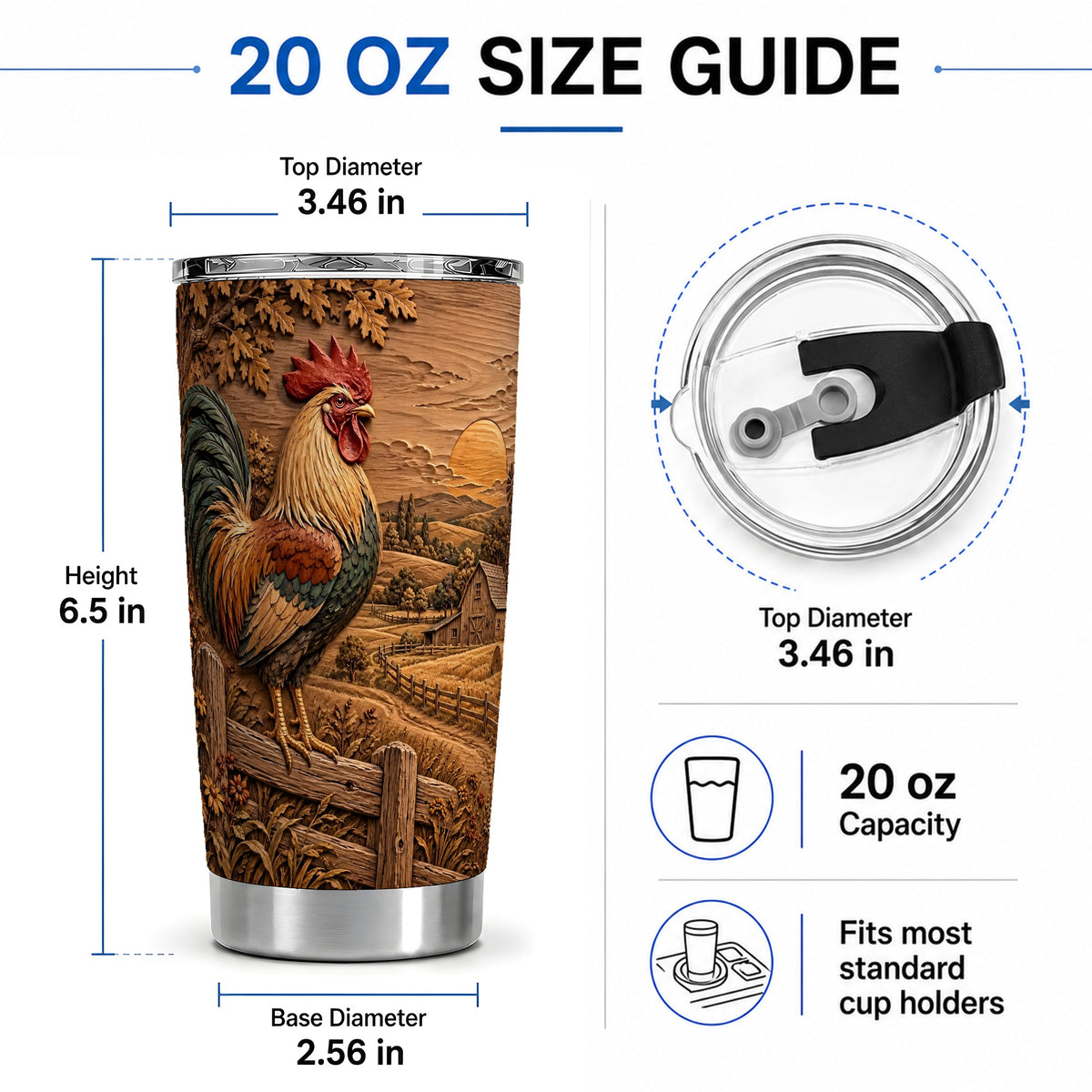 #pl[20oz|Steel] Farm Rooster Tumbler, 20oz Tumbler with Rustic Country Artwork