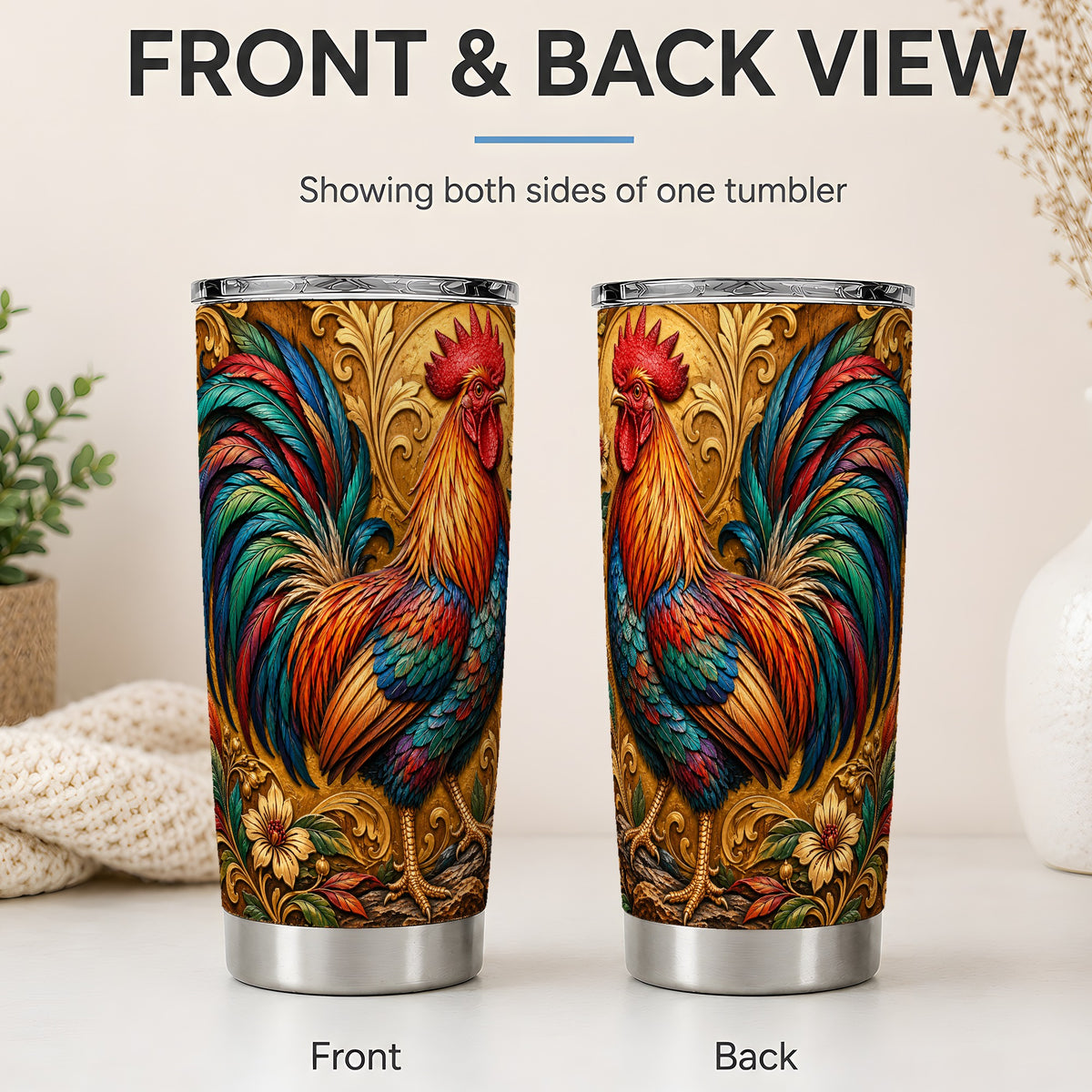 #pl[20oz|Steel] Colorful Rooster Tumbler, 20oz Tumbler with Ornate Floral Artwork