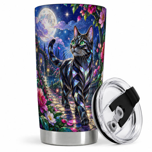 Stained Glass Style Cat Tumbler, 20oz Tumbler with Floral Artwork