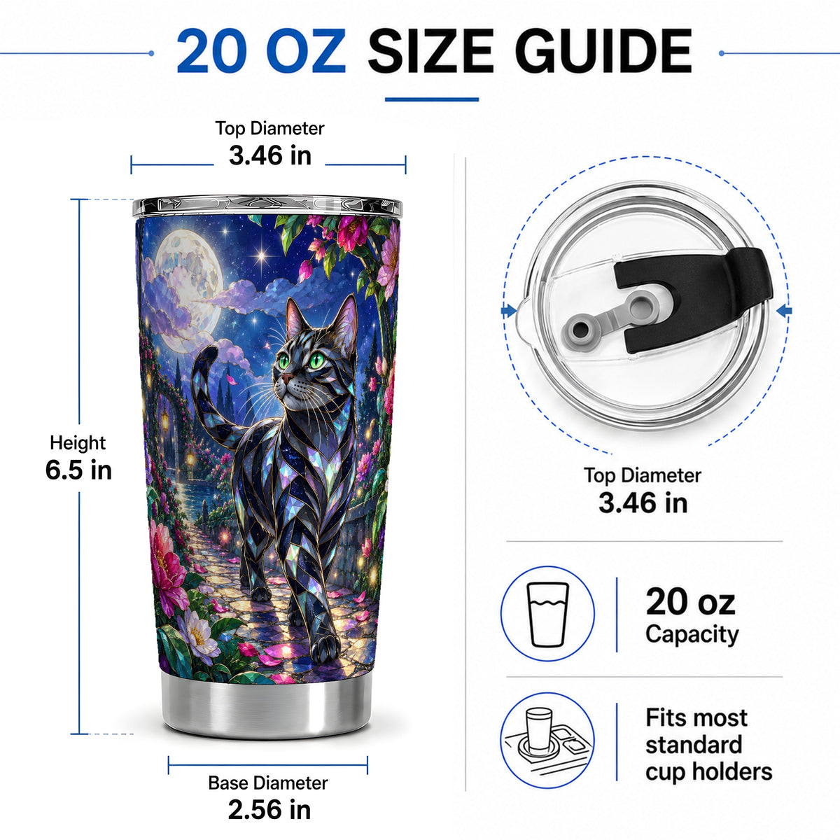 #pl[20oz|Steel] Stained Glass Style Cat Tumbler, 20oz Tumbler with Floral Artwork