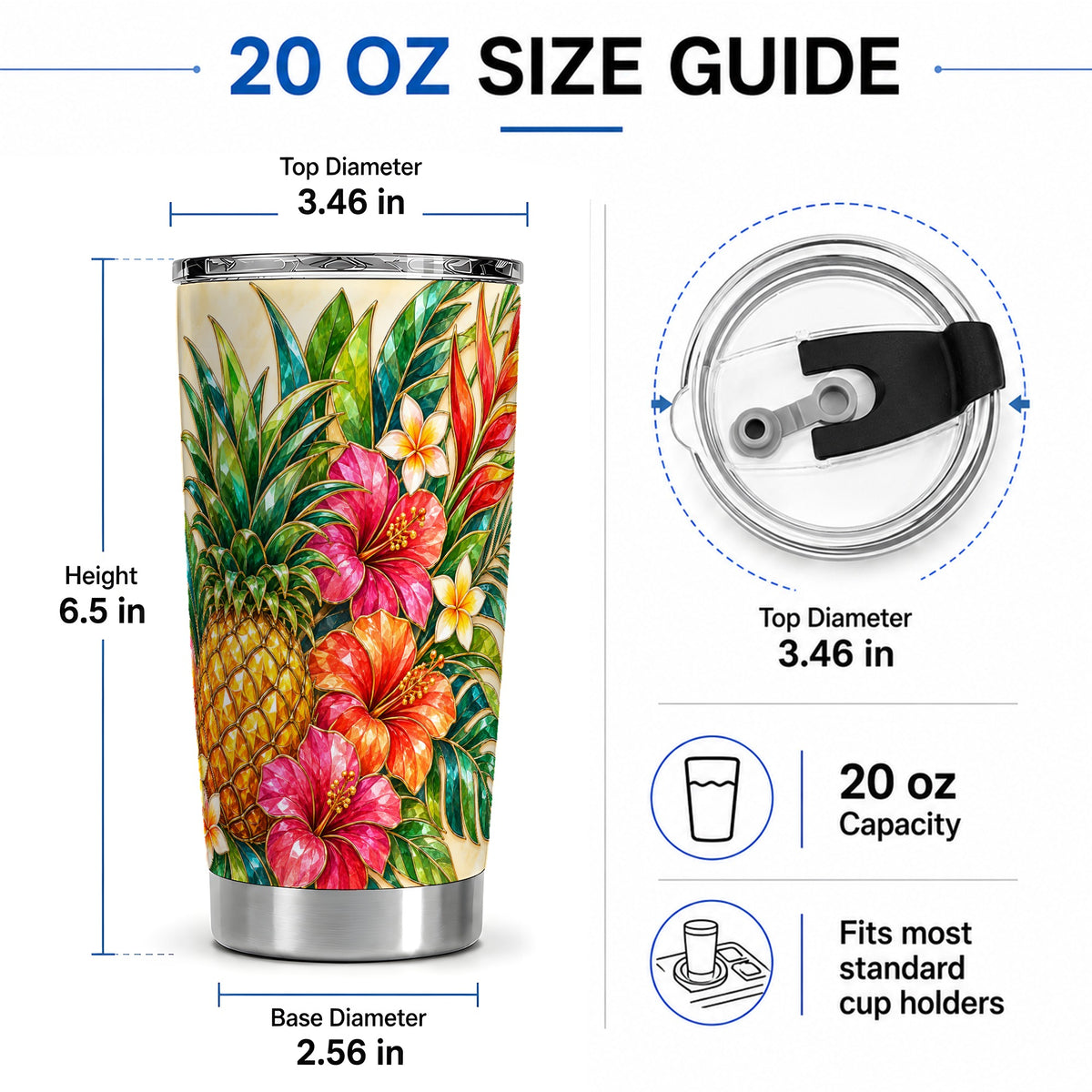 #pl[20oz|Steel] Tropical Pineapple Tumbler, 20oz Tumbler with Hibiscus Floral Artwork