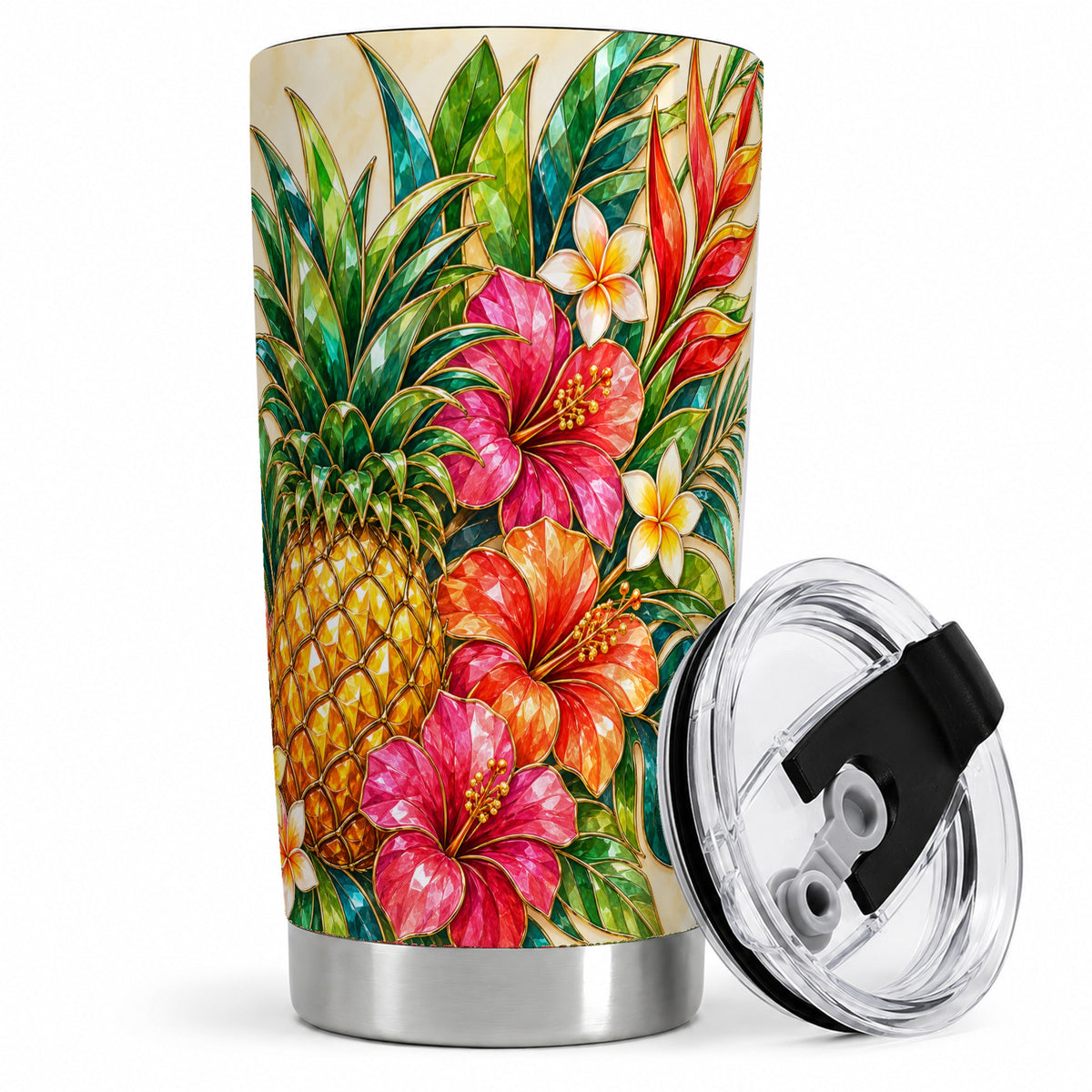 Tropical Pineapple Tumbler, 20oz Tumbler with Hibiscus Floral Artwork
