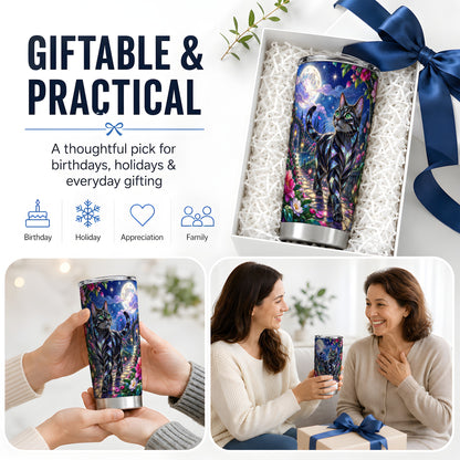 Stained Glass Style Cat Tumbler, 20oz Tumbler with Floral Artwork
