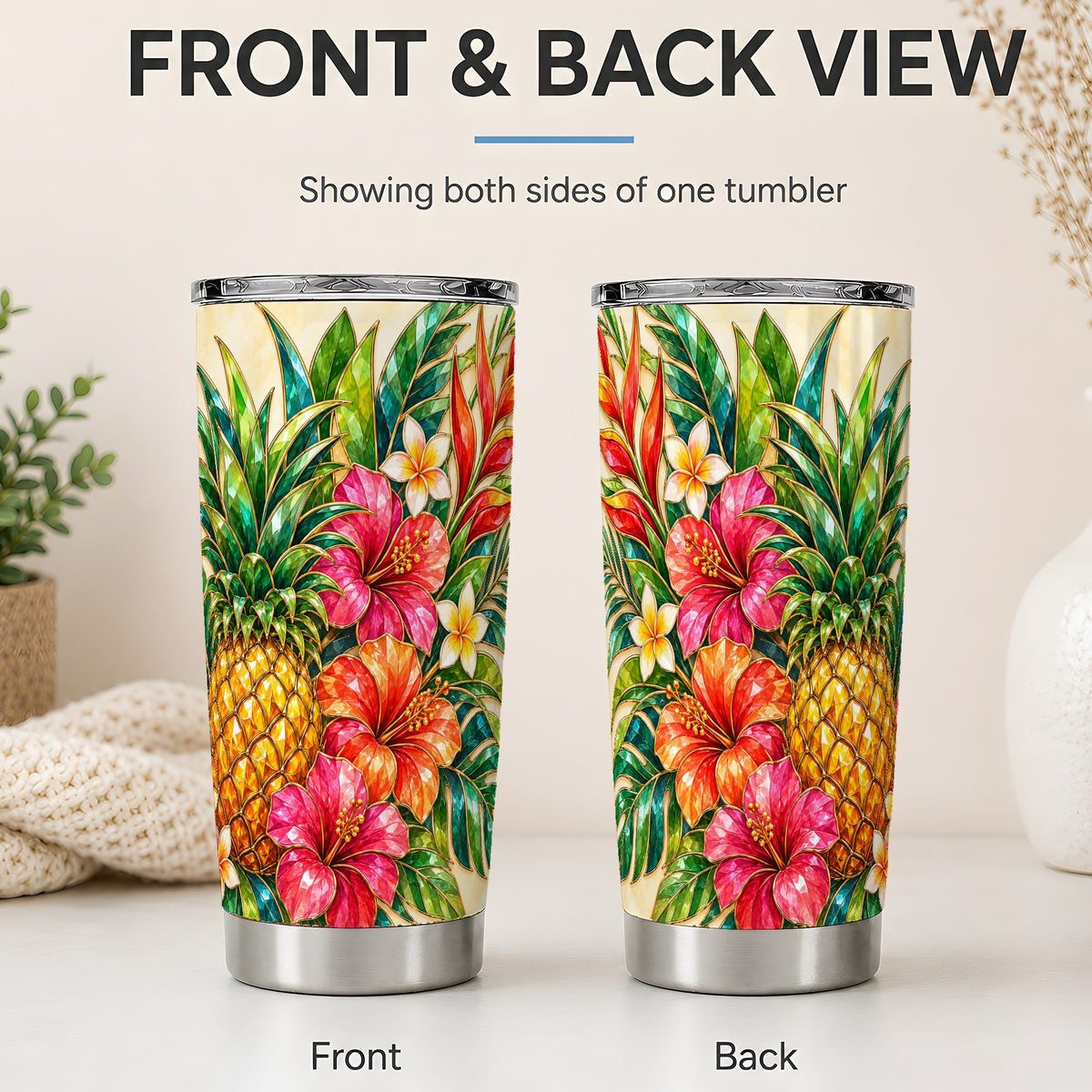 #pl[20oz|Steel] Tropical Pineapple Tumbler, 20oz Tumbler with Hibiscus Floral Artwork