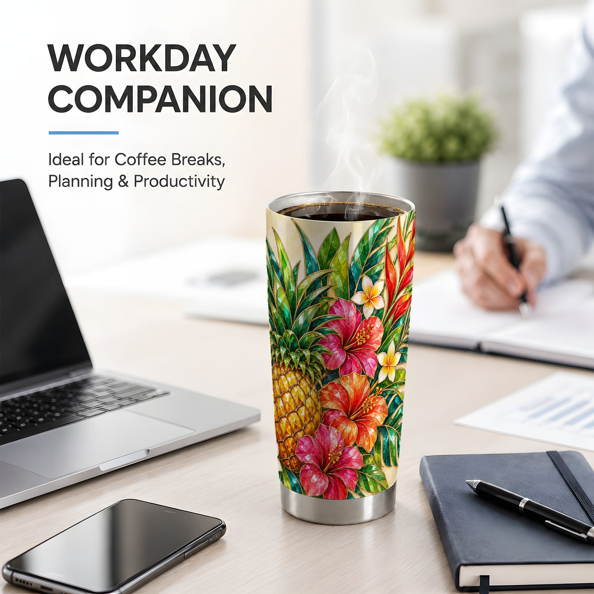 Tropical Pineapple Tumbler, 20oz Tumbler with Hibiscus Floral Artwork