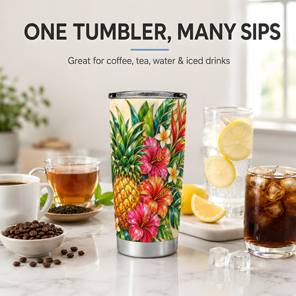 Tropical Pineapple Tumbler, 20oz Tumbler with Hibiscus Floral Artwork