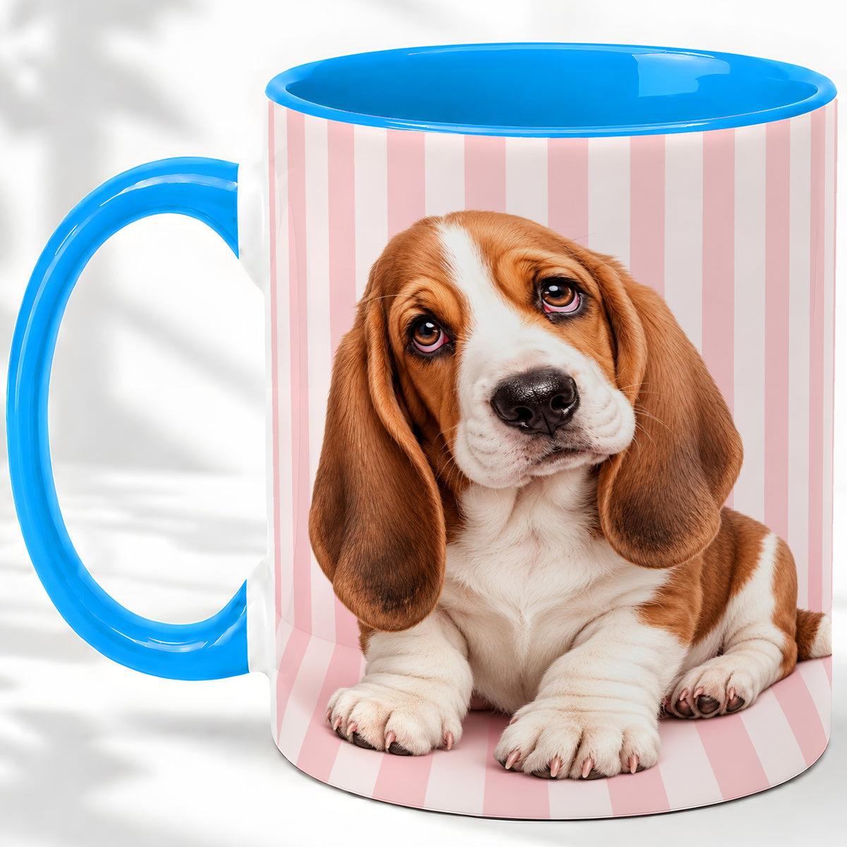 #pl[11oz|Blue] Basset Hound Puppy Ceramic Mug, Pink Stripe Dog Portrait Art