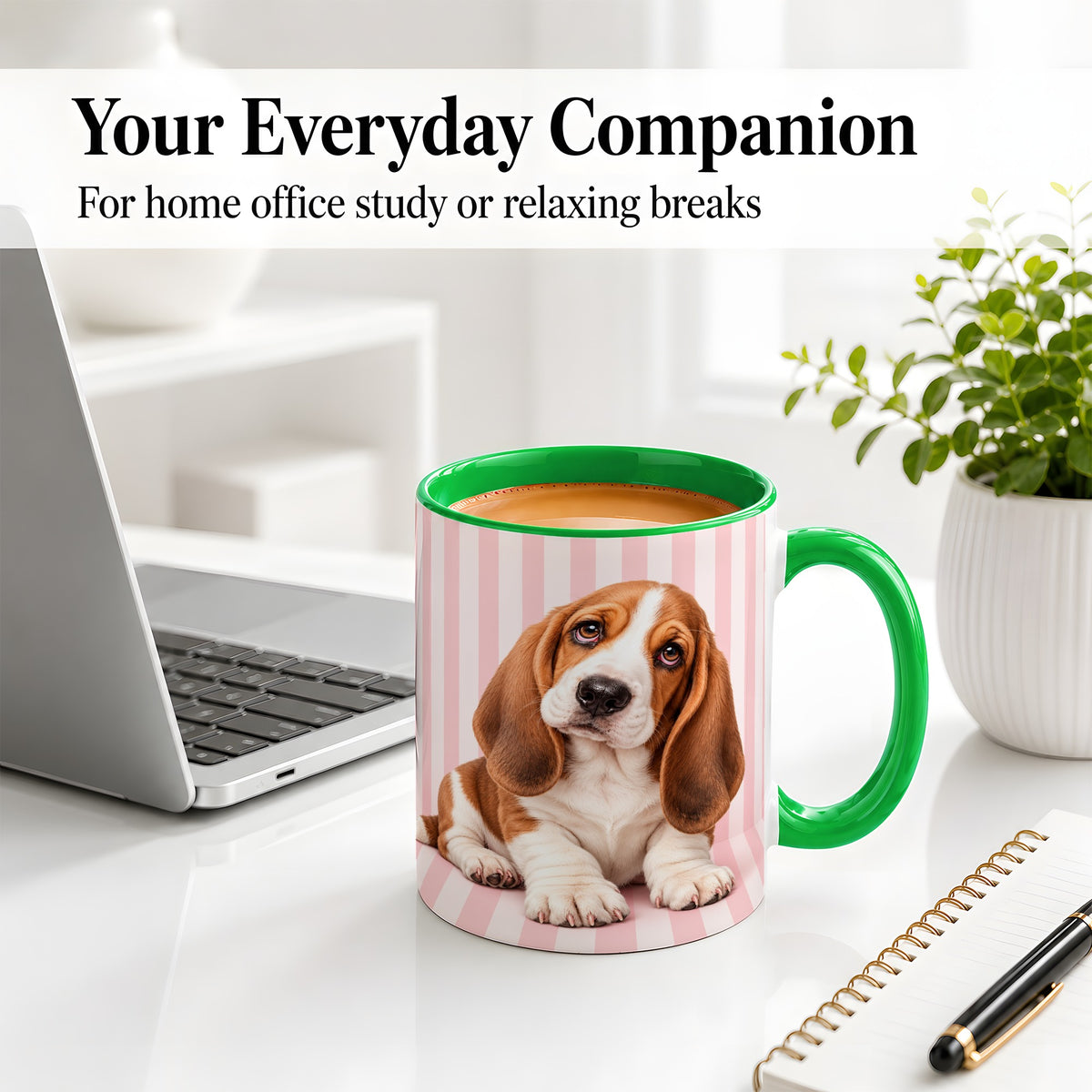 #pl[11oz|Green] Basset Hound Puppy Ceramic Mug, Pink Stripe Dog Portrait Art