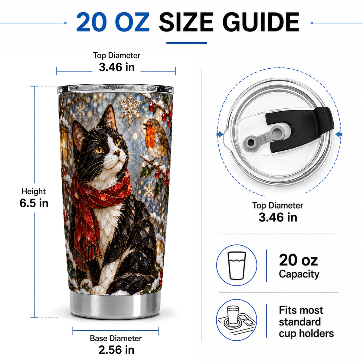 #pl[20oz|Steel] Christmas Cat 20oz Tumbler, Stained Glass Style Winter Artwork