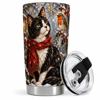 Christmas Cat 20oz Tumbler, Stained Glass Style Winter Artwork