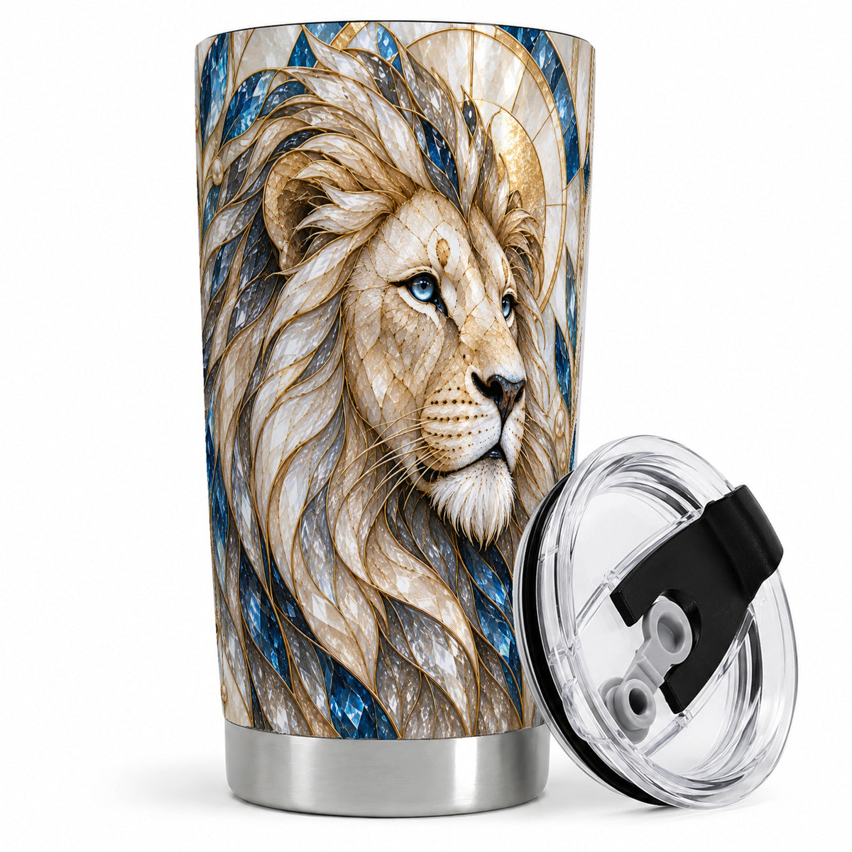 White Lion 20oz Tumbler, Blue Gold Stained Glass Style Artwork
