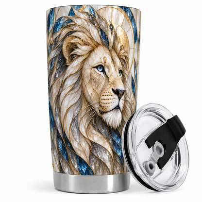 White Lion 20oz Tumbler, Blue Gold Stained Glass Style Artwork