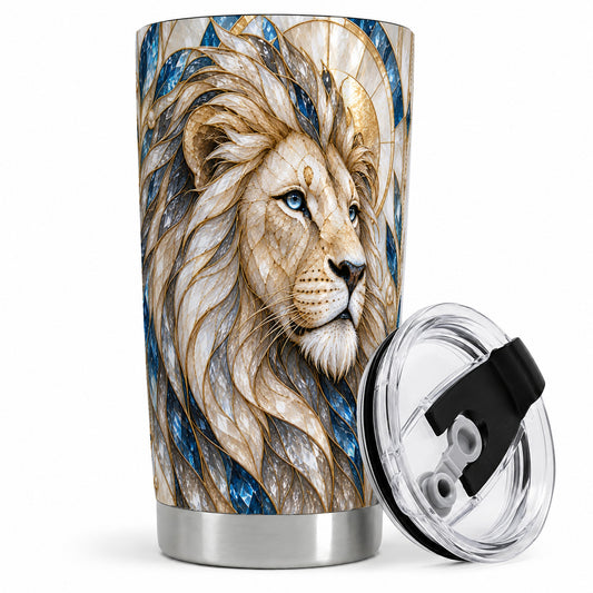 White Lion 20oz Tumbler, Blue Gold Stained Glass Style Artwork