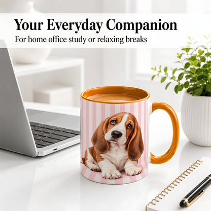 #pl[11oz|Orange] Basset Hound Puppy Ceramic Mug, Pink Stripe Dog Portrait Art