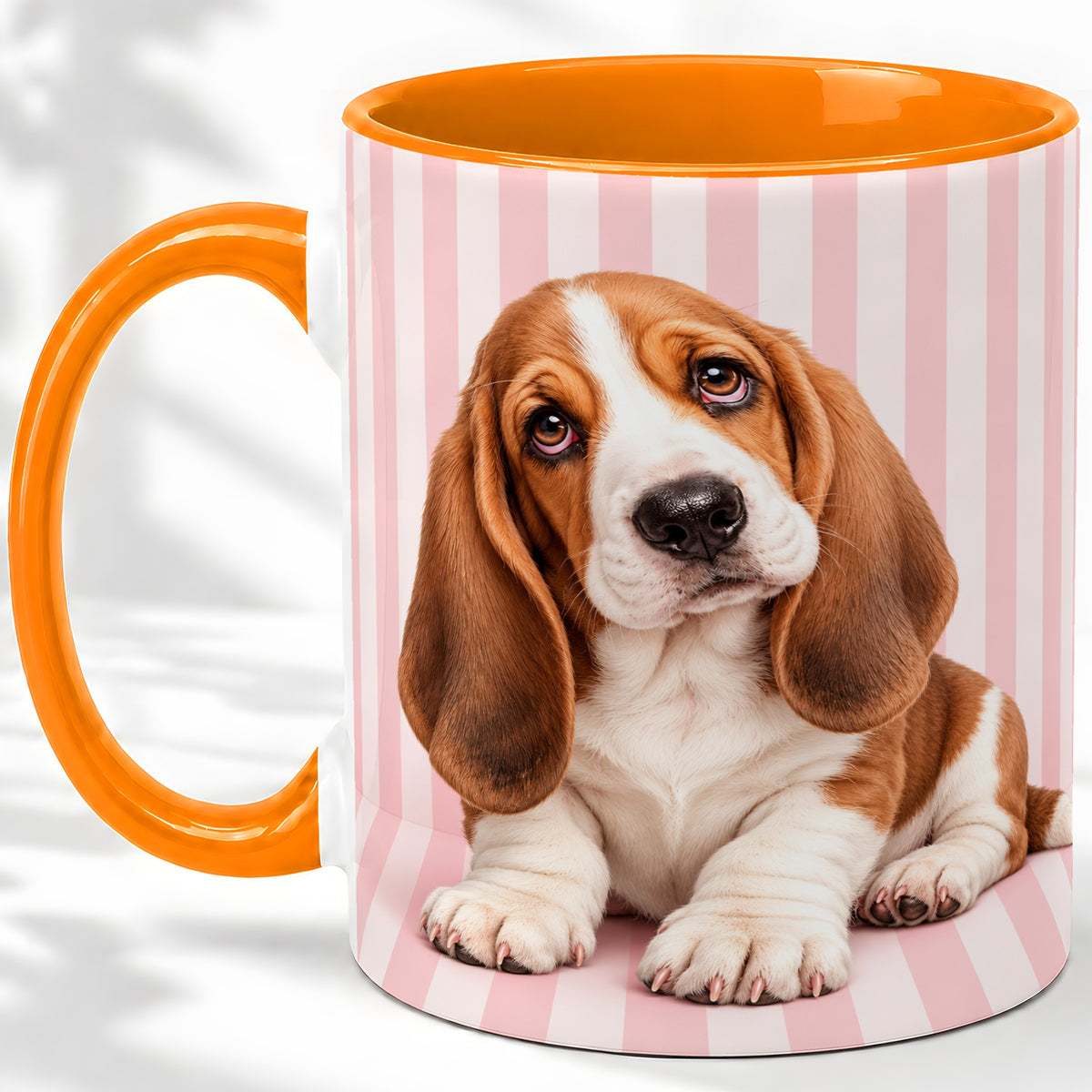 #pl[11oz|Orange] Basset Hound Puppy Ceramic Mug, Pink Stripe Dog Portrait Art