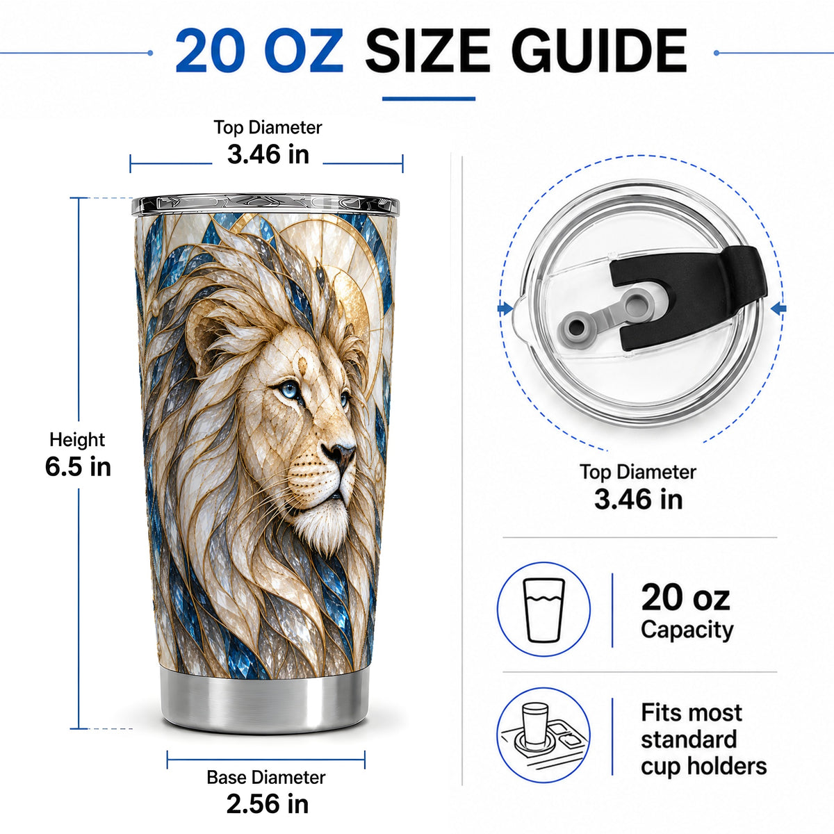 #pl[20oz|Steel] White Lion 20oz Tumbler, Blue Gold Stained Glass Style Artwork