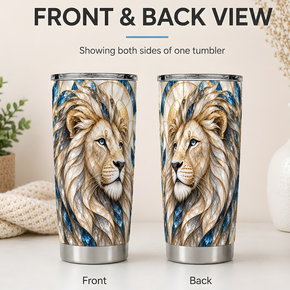 #pl[20oz|Steel] White Lion 20oz Tumbler, Blue Gold Stained Glass Style Artwork