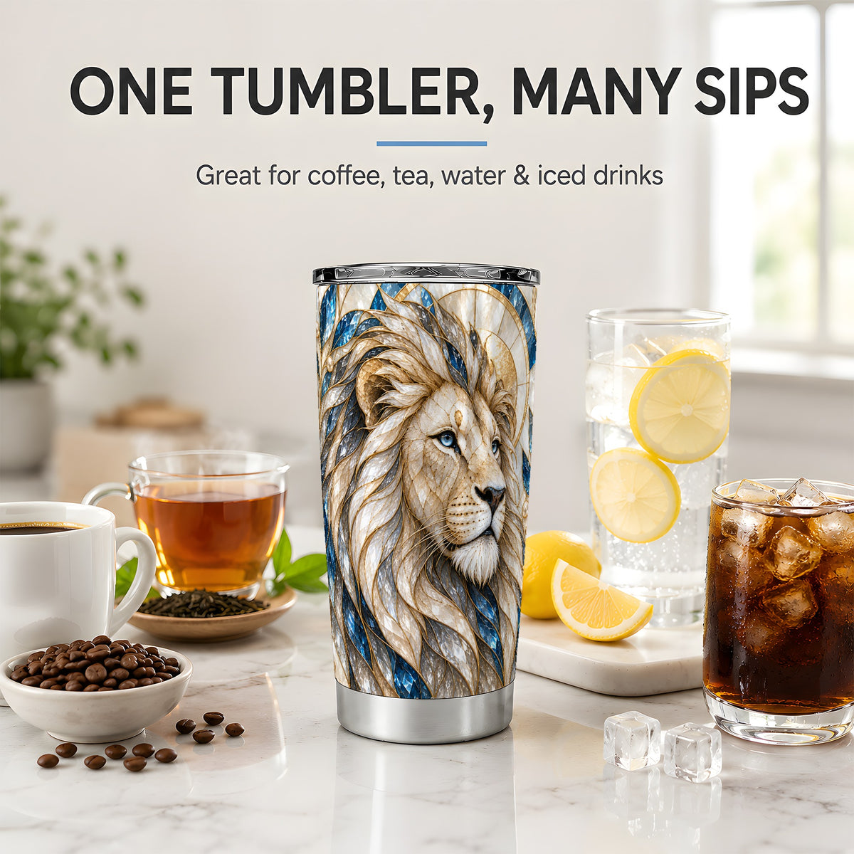 White Lion 20oz Tumbler, Blue Gold Stained Glass Style Artwork