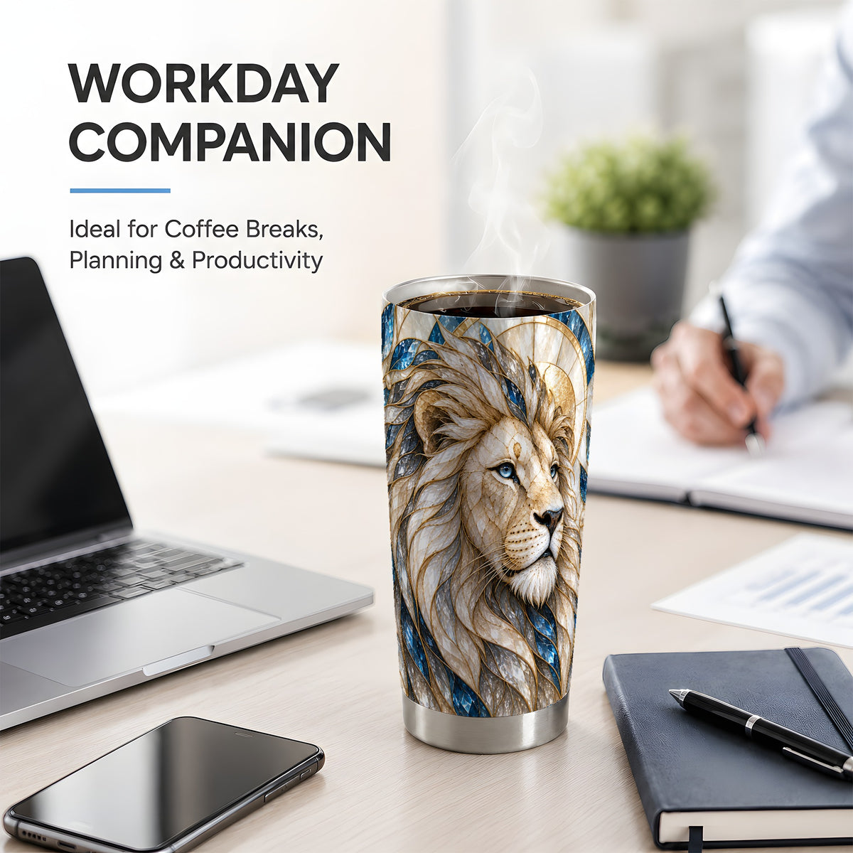 White Lion 20oz Tumbler, Blue Gold Stained Glass Style Artwork