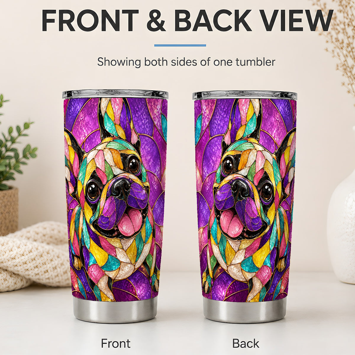 #pl[20oz|Steel] French Bulldog 20oz Tumbler, Colorful Stained Glass Style Art