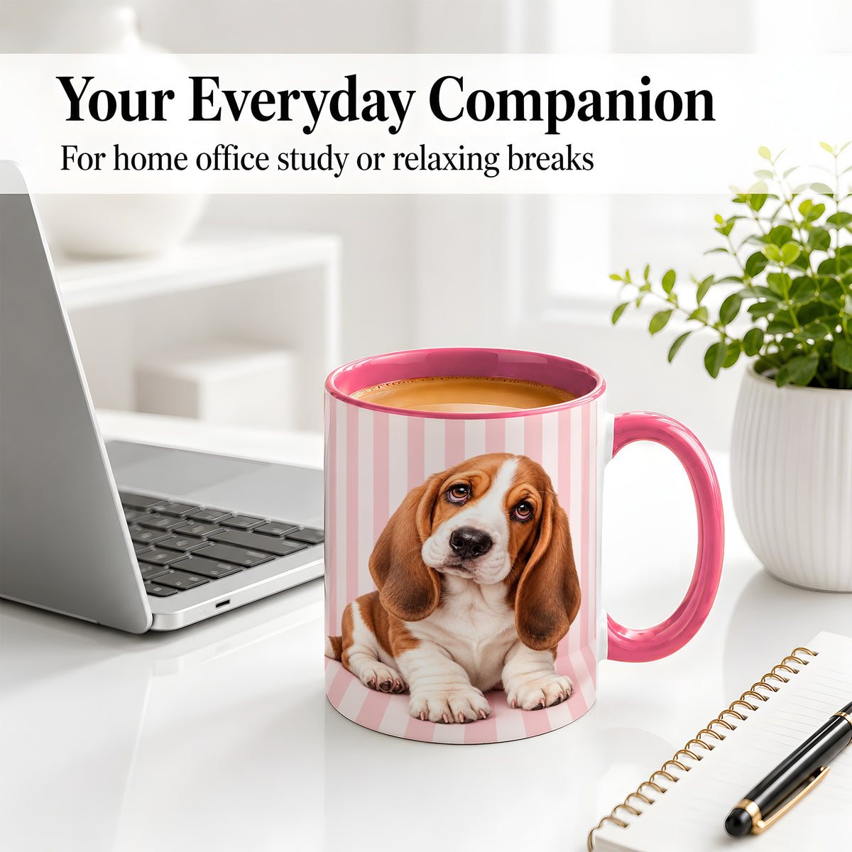 #pl[11oz|Pink] Basset Hound Puppy Ceramic Mug, Pink Stripe Dog Portrait Art