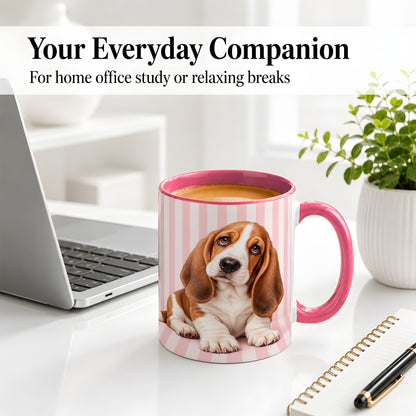 #pl[11oz|Pink] Basset Hound Puppy Ceramic Mug, Pink Stripe Dog Portrait Art