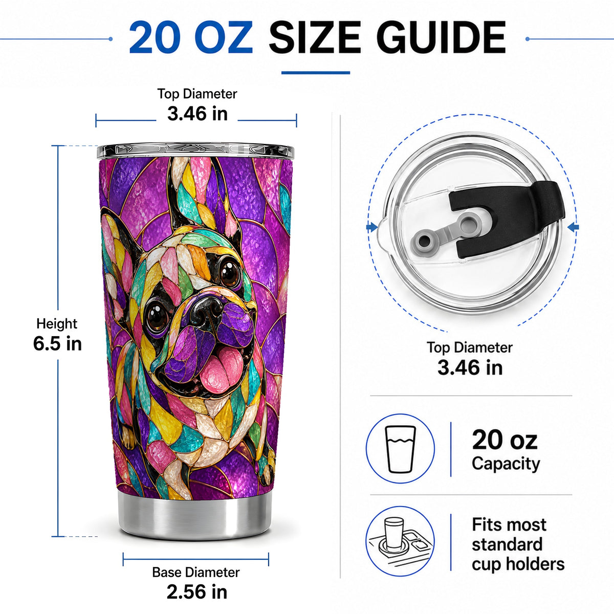 #pl[20oz|Steel] French Bulldog 20oz Tumbler, Colorful Stained Glass Style Art