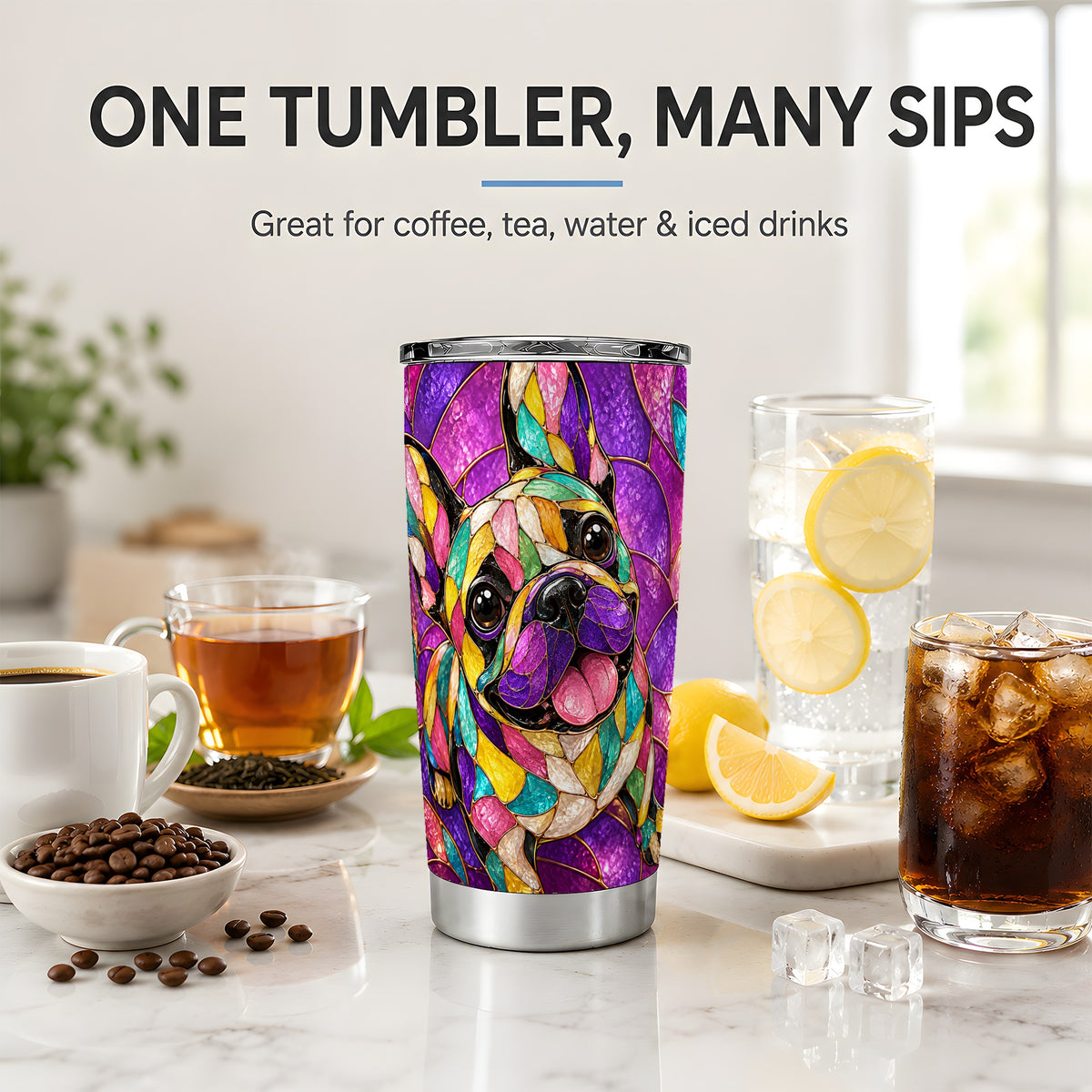 French Bulldog 20oz Tumbler, Colorful Stained Glass Style Art