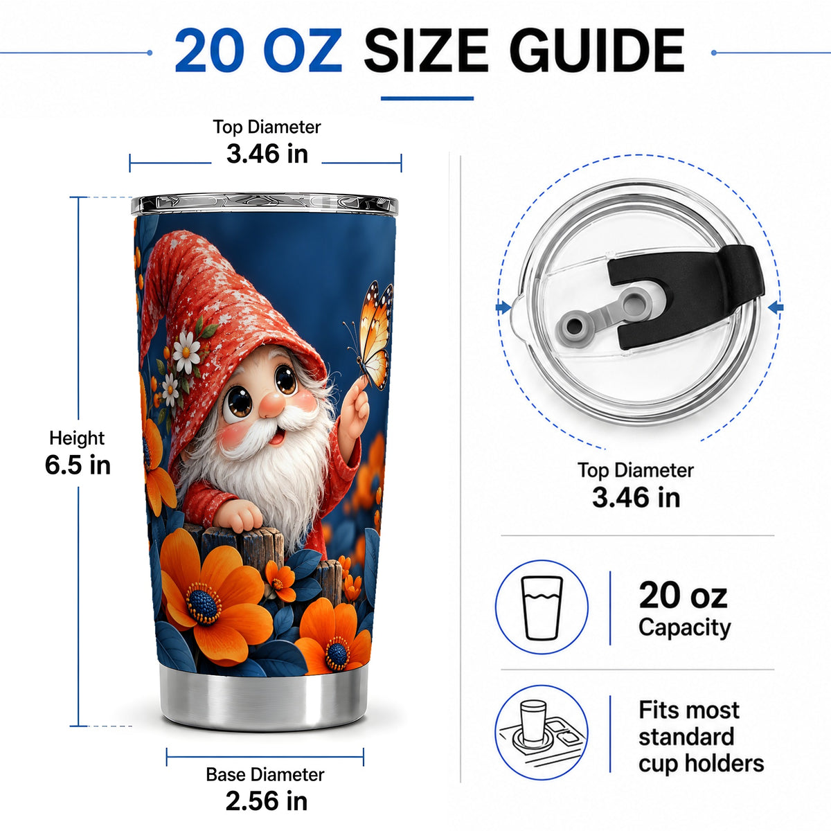 #pl[20oz|Steel] Garden Gnome 20oz Tumbler, Butterfly and Orange Floral Artwork