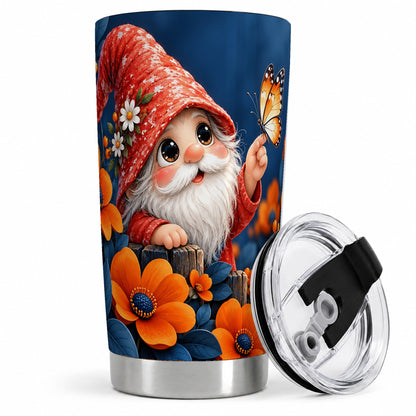 Garden Gnome 20oz Tumbler, Butterfly and Orange Floral Artwork