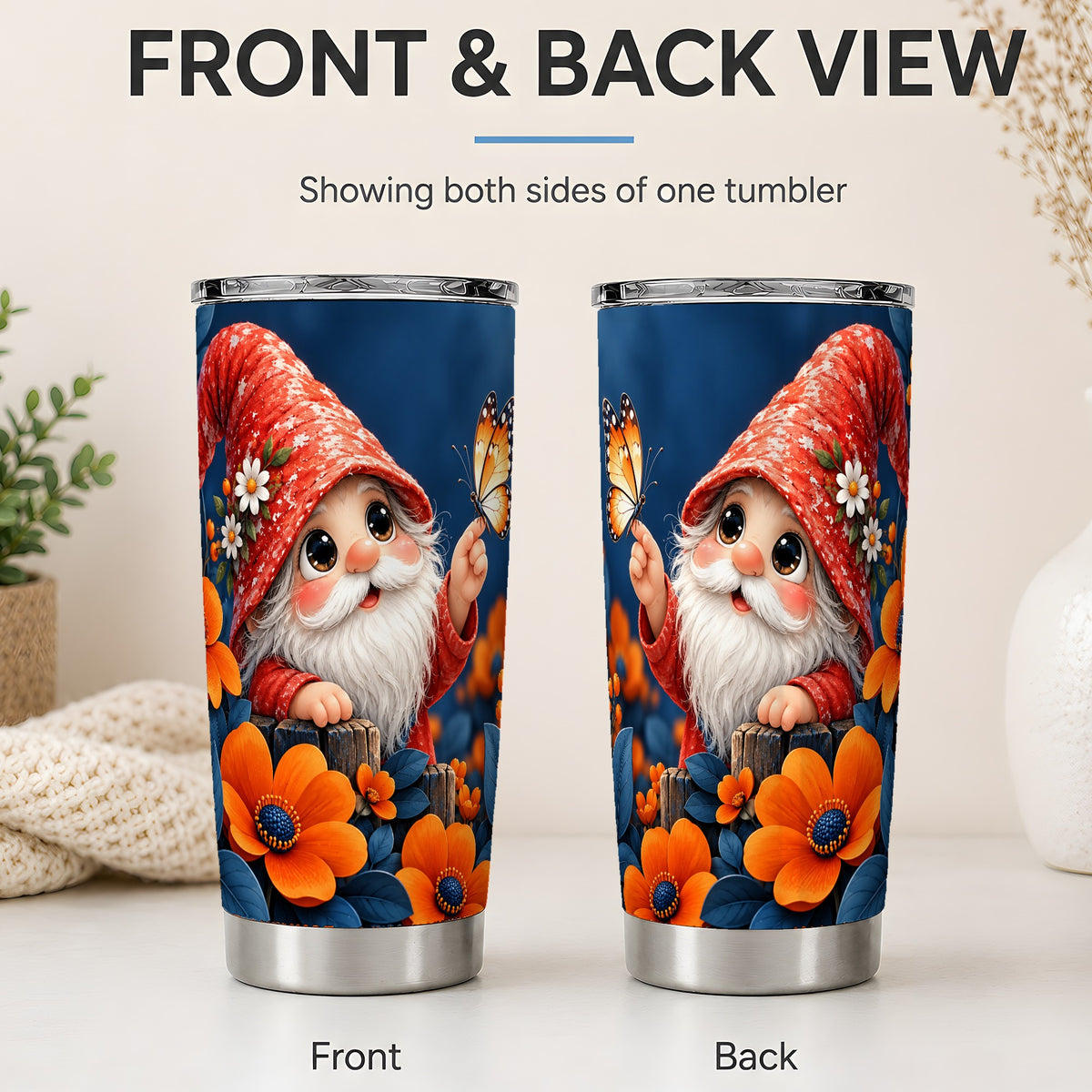 #pl[20oz|Steel] Garden Gnome 20oz Tumbler, Butterfly and Orange Floral Artwork